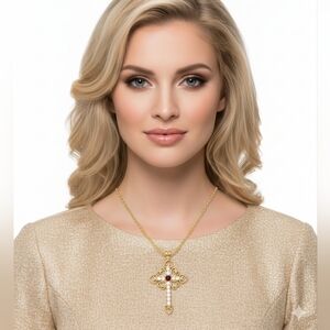 Vintage Lindenwold Goldtone Crystal Cross Pendant Necklace  NWT